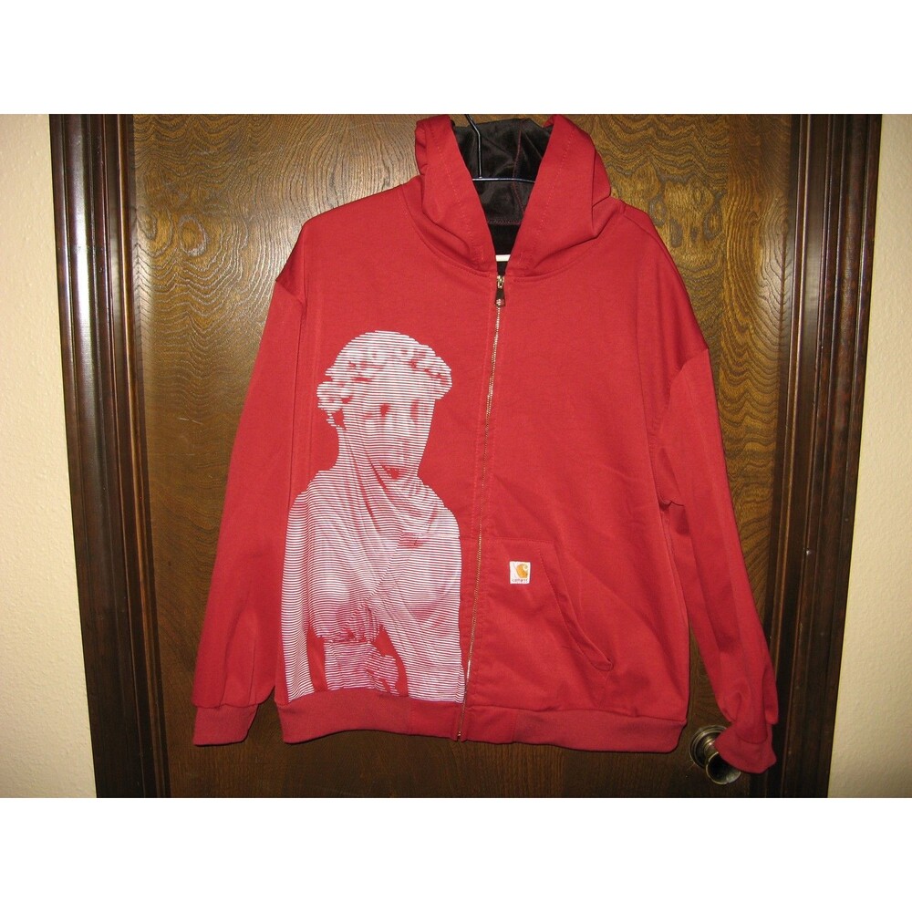 Carhartt Full Zip Hooded Sweatshirt Red w Graphic Optical Illusion Figure Sz S/M